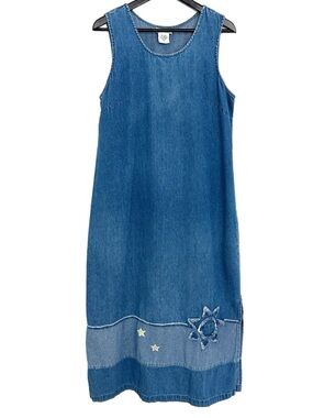 220 Hickory Denim Jean Washed Sleeveless Embroidered Star Maxi Dress Sz M